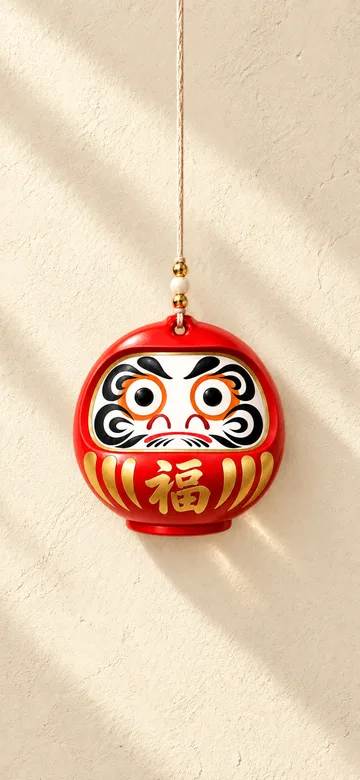 Daruma charm on a daylight wall
