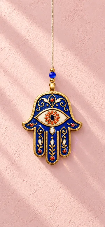 Hamsa charm on a daylight wall